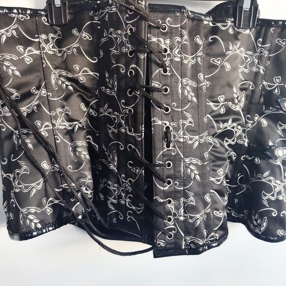 38" Black Silver Satin Underbust Wench Corset Tapestry Floral Embroidery Lace-Up - Picture 9 of 11